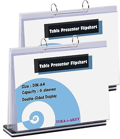 TUKA-i-AKUT 2er A4 Quer Tisch-Flipchart aus Acryl mit Basis, Beidseitig Präsentation Flipchart, Aufstellringbuch, 6 Hüllen je T Form Desktop Flip Chart, Tischaufsteller A4 Quer, TKD8210-A4-2x