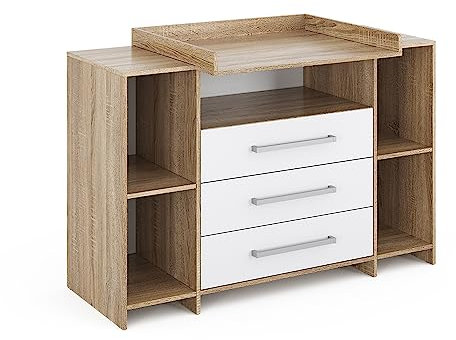 Vicco Wickelkommode Oskar, Wickelaufsatz für die Kommode, Weiß/Sonoma, 143 x 100 cm XL mit Schubladen