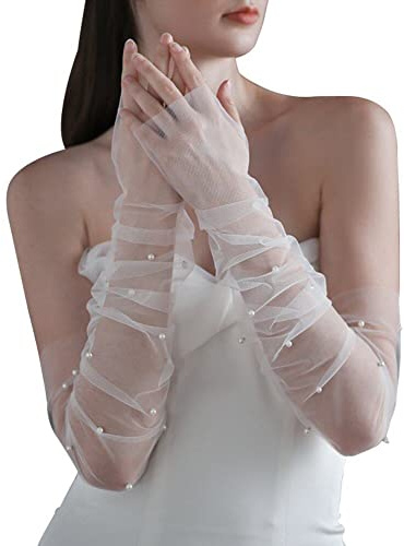Danlai långa tyll brudhandskar pärlor bröllopshandskar operalängd brud arm ärm spetshandskar för kvinnor, Vitt, 52*12cm