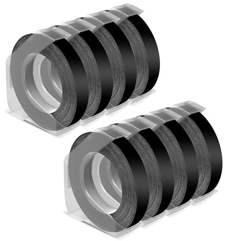 Vixic Etikettenband Ersatz für Dymo Prägeband 9mm Schwarz, Klebendes 3D Dymo Etikettenband Schwarz, Kunststoff-Prägeetiketten für Dymo Omega Prägegerät Dymo Junior, 8 Rollen