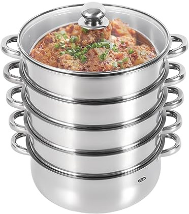 5-Lagiger Edelstahl Dampfkocher Dampfgarer Induktion Dampfgarer Dampfkocher Edelstahl Dampfgarer-Set 5-Lagiger mit Glasdeckel für Gemüse, Fisch, Suppe, Knödel (28CM)