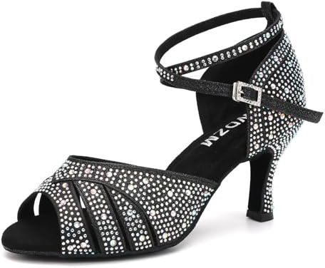 SWDZM Chaussures de Danse Latine Femme Strass Bout Ouvert Talon Haut de Salon Bachata Salsa,Noir,Talon 7.5cm,Semelle en Daim,EU 37