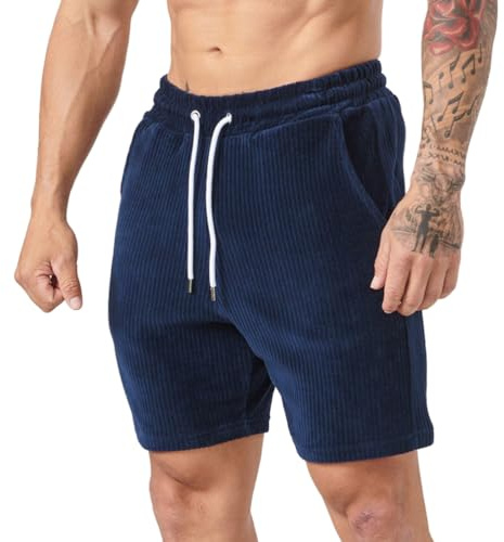 Oanviso Pantaloncini Casual di Velluto Uomo Pantaloncini Cotone Pantaloncini Sportivi Fitness Pantaloncini da Jogging Estivo Pantaloni Corti Traspirante Pantaloncini con Coulisse A Blu Scuro S