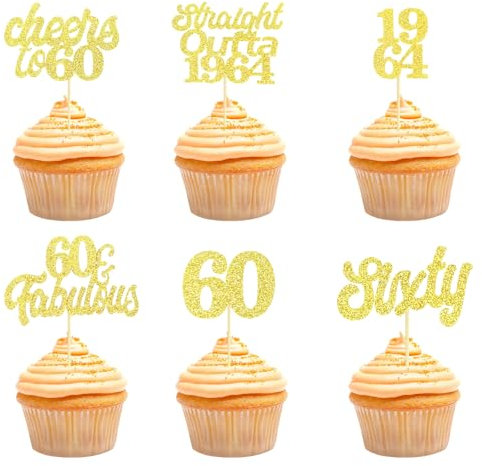 Teselife Décoration Gâteau 60e Anniversaire pour Femme Homme, 24 Pièces Paillettes Or 60e Anniversaire Cake Cupcake Topper Decoration de 1964 pour 60 Ans Anniversaire