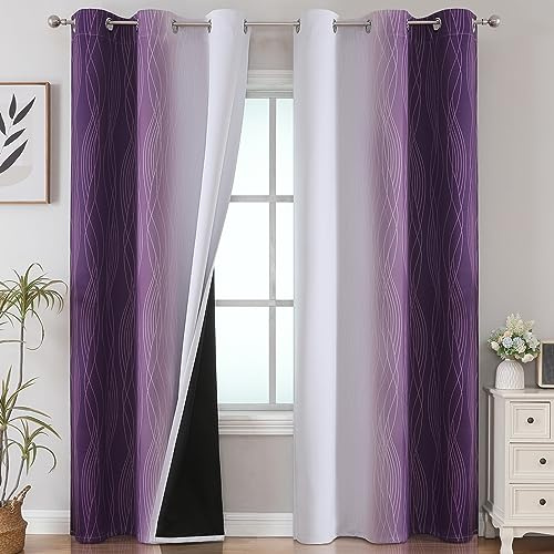 VEHEDE Cortinas para dormitorio infantil, 214 cm de largo, color lila y blanco, aislamiento de ruido, reducción de ruido, cortinas opacas con ojales, 214 cm x 107 cm (alto x ancho), juego de 2