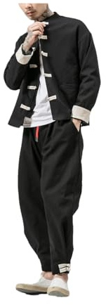 UIOKLMJH Set Da Uomo In Cotone E Lino Giacche Monopetto Da Uomo Pantaloni Tuta In Stile Tradizionale Cinese black 4XL