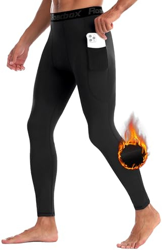 Roadbox Thermal Compression Pants Men - Sports Workout Fleece Lined Base Layer Leggings Athletic Running Tights with Pocket Black