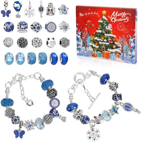 Adventskalender 2025 Kinder Mädchen, 24 Füllung Basteln Charms Armbänder Kit, Schmuck Adventskalender 2025, Weihnachten Charm Armband Kit Geschenk Mädchen 5 6 7 8 9 10 11 12 Jahre, (Blau)
