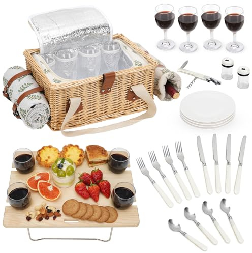 BIRDSINYARD Cesta de picnic de mimbre para 4 personas, juego de picnic con mesa de vino, forro aislante, manta de picnic impermeable y bolsa de vino, kit de cesta para picnic, camping o regalo (hoja)