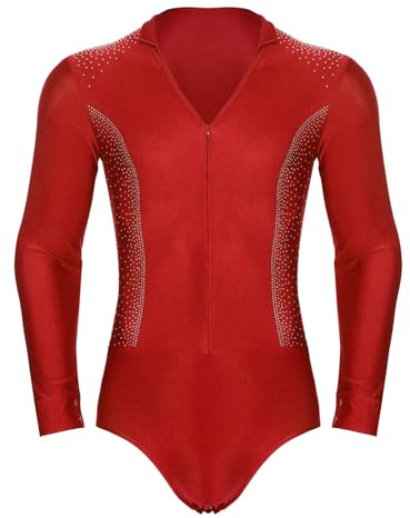 Freebily Herren Tanz Body Langarm V-Ausschnitt Bodysuit Glitzer Latin Gymnastik Body Mit Strass Ballsaal Performance Tanzkostüm Leotard Rot XXL