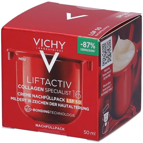 Vichy, Liftactiv, Crème de Jour Anti-Âge Collagen Specialist 16, Lisse & Repulpe, Enrichie en Collagène, Corrige 16 Signes du Vieillissement, Pour tous Types de Peau, Recharge, 50 ml