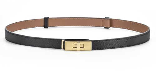 HATOFES Women Ladies Adjustable Skinny Leather Belt Solid Alloy Turn Lock Slim Thin Waist Belt Waistband Decorative Belt For Dresses Jeans Pants (Black/Gold)