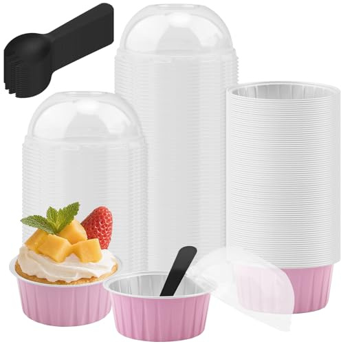 PINGEUI 100 Pcs Mini Cake Tins with Lids and Spoons, 150ml Round Loaf Cake Cases, Aluminum Foil Baking Pans Reusable Cake Containers for Bread Cakes Wedding Birthday Picnic (Pink Silver)