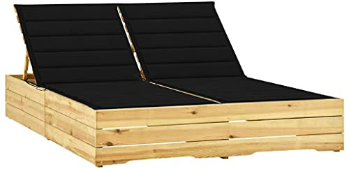 Bain de Soleil Double, 2 Places en Pin Imprégné avec Coussins Noir, Dossier Réglable, Transat Jardin Exterieur, Relax Jardins Exterieur, pour Terrasse, Jardins, Balcon, 198 x 135 x 30-75 cm