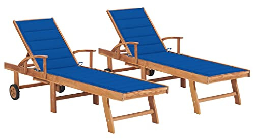 HaoChrymec Transat Jardin Extérieur, 2 Pièces en Bois de Teck Massif, avec Coussin Bleu Roi, Dossier Réglable 4 Positions, roulettes de Transport, pour Jardin, Piscine, Terrasse, 195 x 59.5 cm
