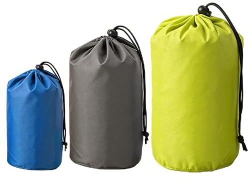 Apcodino 3PCS Stuff Sack Waterproof Outdoor Small Items Storage Stuff Bag | Portable Hanging Drawstring String Nylon Sacks for Boating Hiking Camping Travel Beach Sandbags Sky Blue Gray Yellow