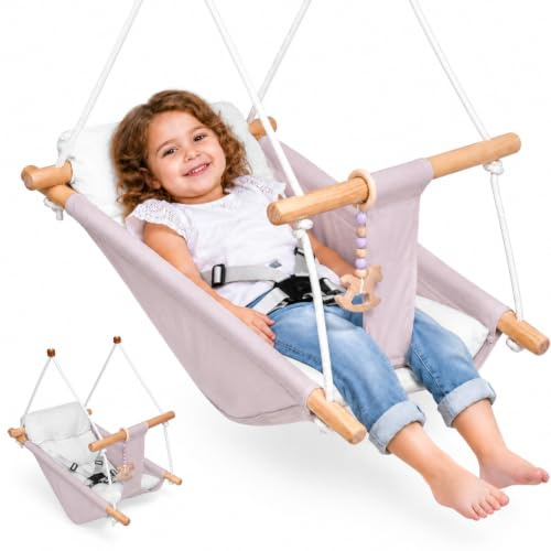 Balançoire Enfant 3 en 1, Balancoire Bebe Exterieur Intérieure, balançoire en Bois avec Ceinture de sécurité et Coussin en Coton, réglable Siege Enfant Suspendu pour Enfants de 6 à 36 Mois