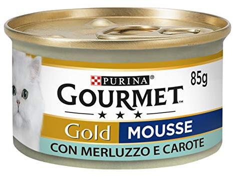 GOURMET GOLD Cibo umido per gatti adulti Mousse con Merluzzo e Delicate Carote 24 lattine da 85g