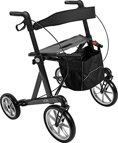 FabaCare XXL Rollator Lion mit Schleifbremse, Outdoor Leichtgewichtrollator mit Spezialbereifung, faltbar, Vollausstattung, bis 200 kg, Anthrazit, Sitzhöhe 53 cm