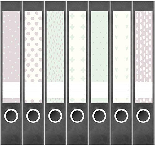 Etiketten für Ordner | Deko 26 Muster Mix | 7 Aufkleber für schmale Ordnerrücken | Selbstklebende Design Ordneretiketten Rückenschilder