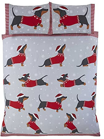 Rapport Home Dachshund Through The Snow King Size Duvet Cover Christmas Bed Set,3 pieces, Cotton, Red