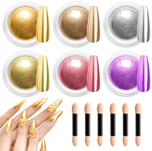 BISHENGYF 6 Cajas De Polvo De Uñas Cromado, Clásico Holográfico Nail Art Glitter Set, Brillante Efecto Espejo Polvo Para Decoración De Diseño De Uñas