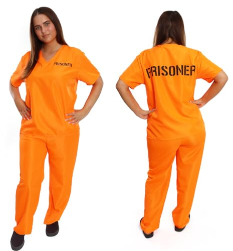 Orange fångardräkt för damer, orange topp och byxor med texten Prisoner, intern, poliser och rånare, maskeraddräkt, S