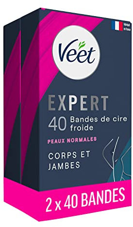 Veet Expert – Set mit 80 Kaltwachsstreifen für Körper & Beine – normale Haut – perfekte Verarbeitung – langanhaltende Haarentfernung – 2 x 40 Streifen