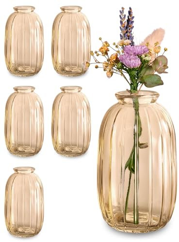 Praknu Small Vases for Table Decoration - Set of 6 Glass Vases - Vintage Style - Round Ribbed Bud Vase - Gold - For Wedding Decor & Home Decorations