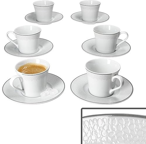 Ritzenhoff & Breker Venezia Espressotasse mit Untertasse für 6 Personen I 6X Tasse 80ml & 6X Untertasse I Elegantes Porzellan-Geschirr mit Relief in Kieselstein-Optik I für Americano Lungo Ristretto