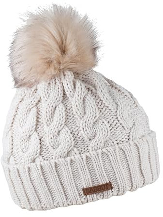 SABBOT Klassisch Damen Mütze mit Pelzbommel, Fleece-Futter, Wintermütze, Strickmuster, Warme Kappe mit Kragen (Beige)