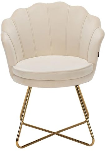 Hawthyhome Polstersessel Esszimmerstühle, Stuhl Schminktisch, Stuhl Samt, Blütenblatt-Rückenlehne Lehnstuhl mit Metallbeinen Gold, Bis 150 KG Belastbar Beige