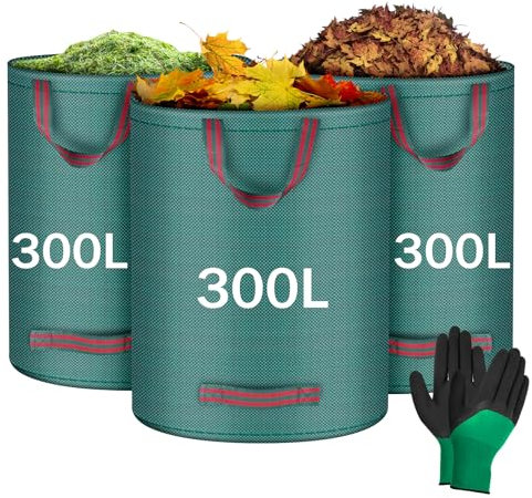 Flintronic Garden Waste Bags 3Pcs 300L Heavy Duty Garden Bags, Reusable Gardening Gloves with Handles, Foldable Camping Recycling Bags With a Pair of Gloves, Ideal for Collecting Leaf, Trash