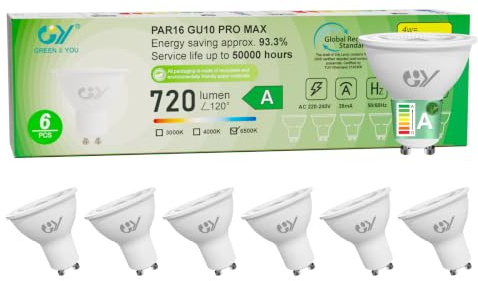 GY Bombilla Led GU10 4W(Equivalente a 60W), Luz Blanca Fría 6500K, 720 Lúmenes, Ángulo de haz de 110°, No Regulable, Bombilla Bajo Consumo Clase A, Pack de 6