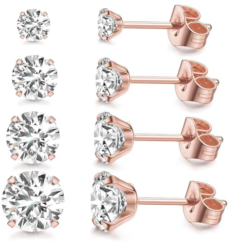 4 Paires 316L Acier inoxydable CZ Lot Boucles D'oreilles Femme Homme Cartilage Helix Boucles D'oreilles Piercing Ronde Cubique Zircone Boucle D'oreille à Vis à Billes Dos Plat Barbell, or rose, 3-6mm