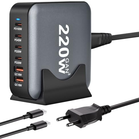 220W Cargador USB C Multiple, 6 Puertos GAN III Cargador Rapida Tipo C, Estación de Carga USB, PD+QC Adaptador de Corriente para iPhone, Samsung, iPad, MacBook Pro, Portátil con 1,5m 100W USB C Cable