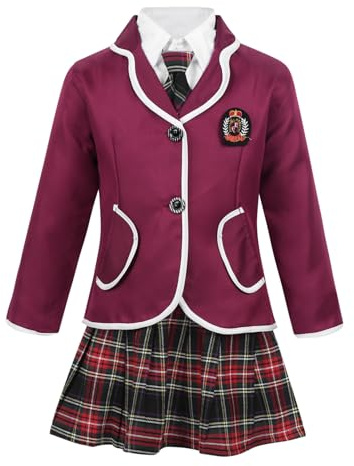 Moggemol Kids Girls British Style School Uniform Long Sleeve Anime Cosplay Shirts Tie with Blazer Mini Plaid Skirt Set Burgundy 8-10 Years