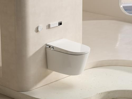 MEJE #T010G - New Smart Wall Hung Toilet Combo, with Built in Bidet, Heated Seat, Warm Air Dryer,Auto Flush, Auto Open and Close, Remote Control, Night Light, White (Include in-Wall Carrier)