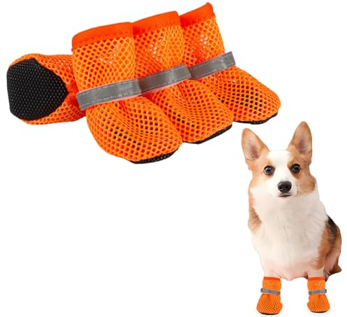 Zapatos de malla de verano para perros, 4 unidades, transpirables, antideslizantes, para suelos calientes de verano, botas ajustables para perros pequeños (naranja, M)