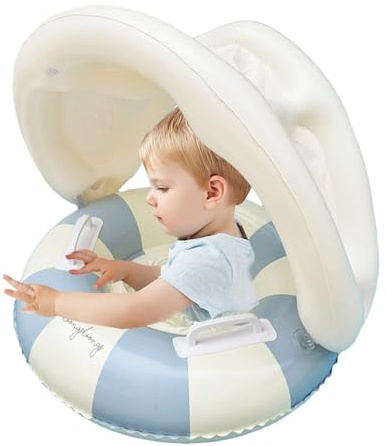 Baby Swimming Float, Sun Protection Inflatable Baby Swimming Pool Float Striped Ring With Canopy, Foldable Safety Seat Swim Ring Retro Floating Sunshade Toys For 0-4 Years Old Kids
