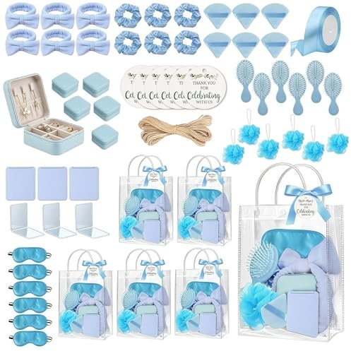 6 Sets Baby Shower Prizes for Winners Headband Hair Brush Jewelry Box Sleep Mask Compact Mirror Powder Puff Hair Tie Gift Bag Baby Shower Favors Bridal Shower Thank You Gifts for Guests (Blue)