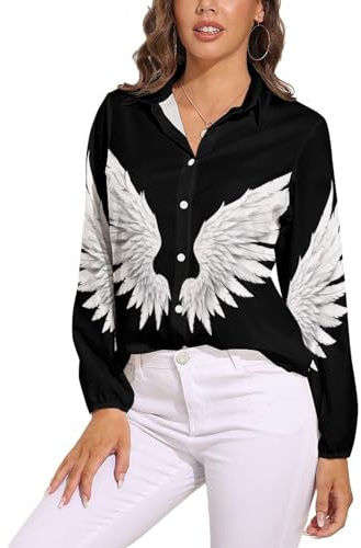 Alas Ángel Camisa De Manga Larga con Botones para Mujer, Ultrasuave, Elástica, Sin Arrugas, para El Trabajo, Informal, Negocios, Oficina, Estilo Minimalista Suave, Cómoda, Negro