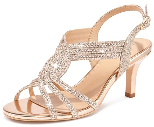 Gufobela Kitten Heels for Women Champagne Dress Wedding Guest Shoes Strappy Sandals Sparkly Rhinestone 2.91 Inch Heel Size 8 Open Toe Comfortable Elegant Dressy Formal Party Evening(1126 Champagne 8)