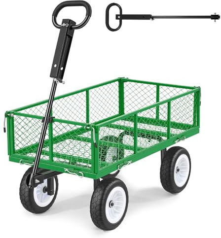 VEVOR Carro de Jardín con Ruedas, Carro de Mano Capacidad Máxima 408 kg, Acero Reforzado con Neumáticos, Asa Ajustable, Paneles Laterales Desmontables para Exterior Transporte de Carga Pesada, Verde