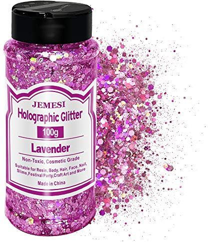 JEMESI 100g Brillo Corporal, Purpurinas Polvo, Chunky Glitter Flakes Paillette Brillante Decoración para Cara Maquillaje Pelo Arte Corporal Uñas y Mejilla - Lavanda