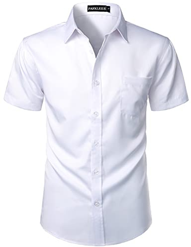 PARKLEES – Chemise décontractée à manches courtes et boutonnée pour homme avec poche, blanc, M