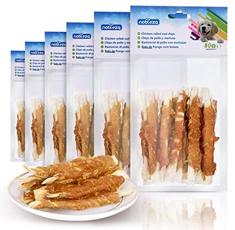 Nobleza - Snack per Cani, Bastoncini Masticabili con Carne e Merluzzo di Pollo, Snack Naturale per Cuccioli di Cane, L10 cm, 6 Confezioni x 80 g