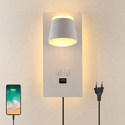 20W LED Wandleuchte mit Stecker und USB-Ladeanschluss Leselampe mit Kabel Wandlampe mit Schalter Schwenkbar Einstellbar Acryl Lampenschirm Bettleuchte für Schlafzimmer Hotel Wohnzimmer Studie,Weiß