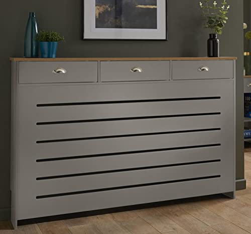 DuraTherm® Radiator Cover Grey Painted MDF Cabinet Horizontal Slat Storage Drawers & Shelf, Radiator Cabinets for Office Hallway Living Room Bedroom, Large (H: 150cm / W: 96cm / D: 19cm)