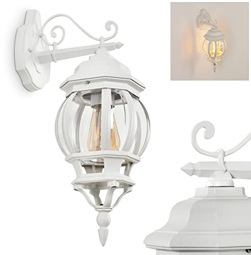 Außenwandleuchte Lentua, Wandlampe abwärts in antikem Look aus Metall/Kunststoff in Weiß/Klar, Wandleuchte E27-Fassung, Retro/Vintage Außenleuchte für Terrasse, Veranda u. Hof, IP44, ohne Leuchtmittel